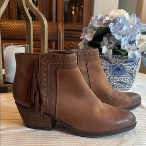 Clarks Tan Leather Ankle Booties with Fringe